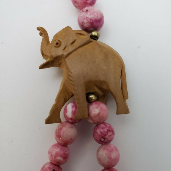 Pink Stone Beads Carved Wooden Elephant Necklace - Picture 3 of 5